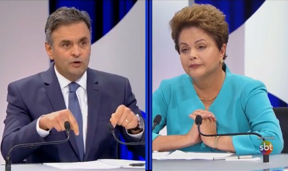 (Aécio e Dilma no debate do SBT, no último dia 17. Foto: divulgação)