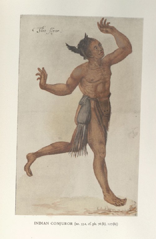 (O Feiticeiro, gravura de John White em 1585 na cidade indígena de Pomeiooc, atual Carolina do Norte)